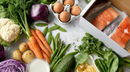 Healthy food background. Fresh vegetables, eggs, fish and meat in cardboard box, top viewの素材