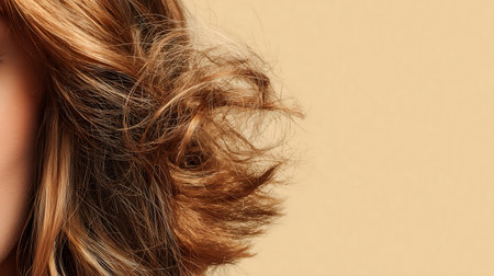 Closeup of a woman's hair on a beige background.の素材