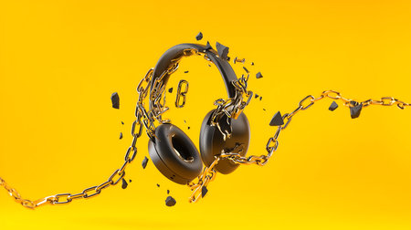 Headphones with chain on a yellow background. 3d illustration.の素材