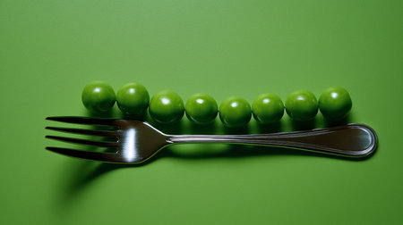 Green peas on a fork on a green background. Copy space.の素材