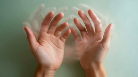 Hands holding a sheet of paper in front of a green wallの素材
