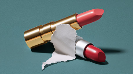 Lipstick with torn paper on blue background, 3d renderの素材