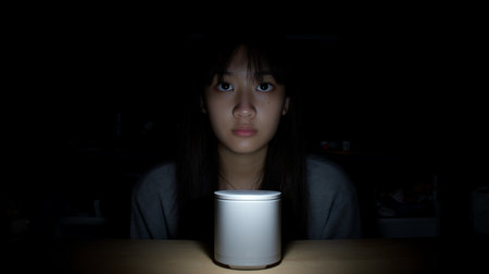 Young asian woman sitting in front of coffee cup in dark roomの素材