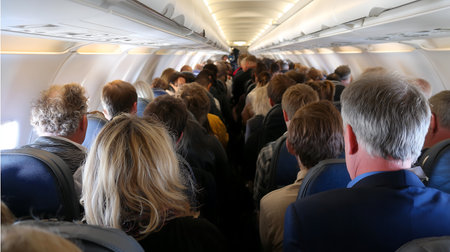 Passengers in airplane cabin. Rear view of people in airplane cabin.の素材