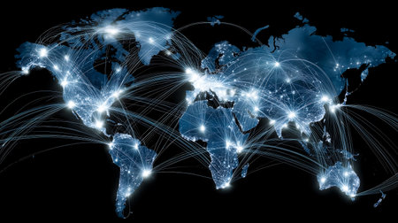 World map on a technological background, glowing lines symbols of the Internet, radio, television, mobile and satellite communications.の素材