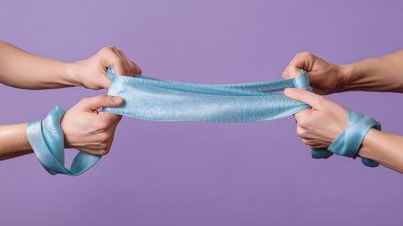 cropped view of women holding blue elastic bandage isolated on violetの素材