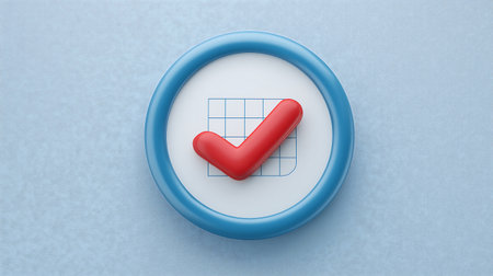 3d rendering of check mark in blue button on blue background.の素材