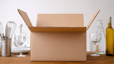 Open cardboard box on wooden table, closeup. Food delivery serviceの素材