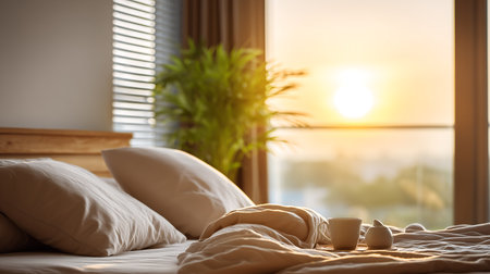 Morning coffee cup on the bed in the bedroom with beautiful sunrise backgroundの素材
