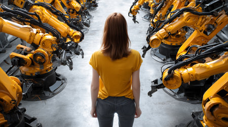 Rear view of young woman looking at rows of robots in factoryの素材