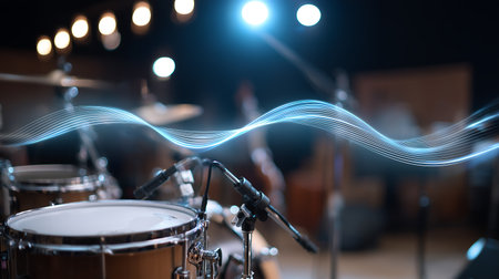 Drum set with lighting effects on stage, close up. Music conceptの素材