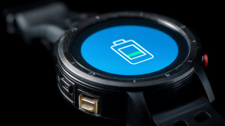 Close up of smart watch with battery charge indicator on black background.の素材