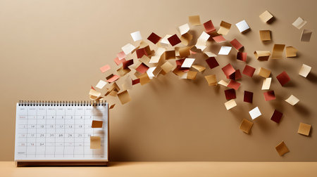 Conceptual image with calendar and flying multicolored paper cubesの素材