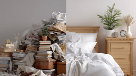 Composition of messy bedroom with stack of books and plants, 3d renderの素材