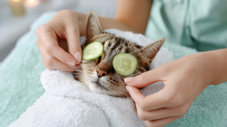 Woman with cat having cucumber facial massage in spa salon, closeupの素材