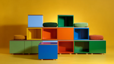 Colorful children's wooden shelves on yellow background. 3d renderingの素材