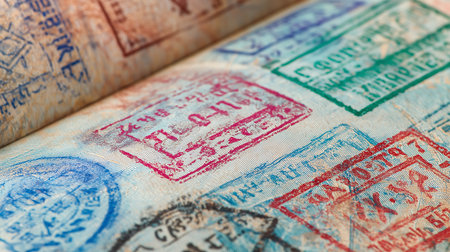 Variety of stamps printed on different countries. Colorful stamps.の素材