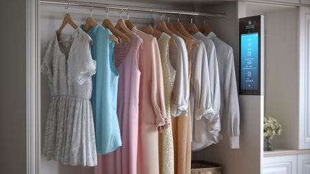 Wardrobe rack with different clothes in modern dressing room, closeupの素材