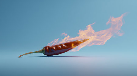 Hot red hot chili pepper on a blue background with a fire.の素材