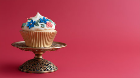 Cupcake on a copper stand on a pink background with copy spaceの素材