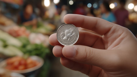 Hand holding a coin in the background of a blurred food buffet.の素材