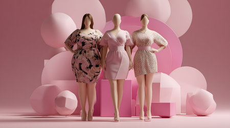 Fashionable female mannequins in studio with pink backgroundの素材