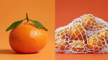 Tangerines in a white mesh bag on an orange background.の素材