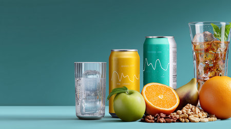 Healthy lifestyle concept with fresh fruits and ice cubes on blue backgroundの素材