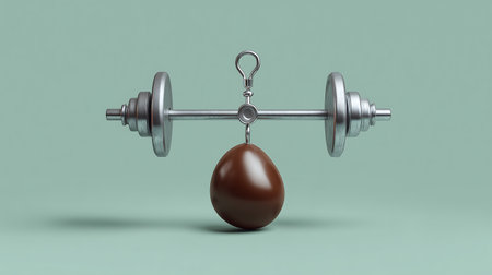 Barbell and chocolate egg on a green background. 3d renderingの素材
