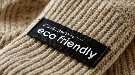 Eco friendly clothes label on beige knitted sweater closeupの素材