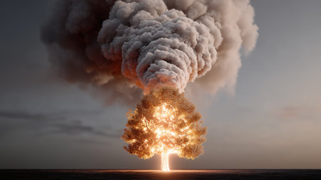 Conceptual image of disaster with burning tree. 3d renderingの素材