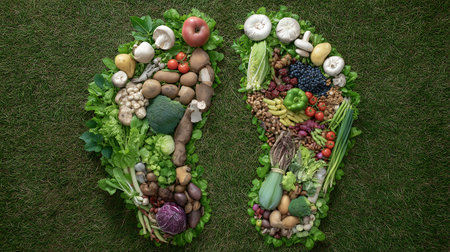 Healthy food and nutrition concept. Top view of fresh vegetables on the grass.の素材