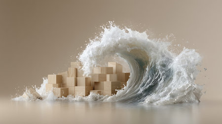 Conceptual image of big waves breaking on wooden cubes. 3D renderingの素材