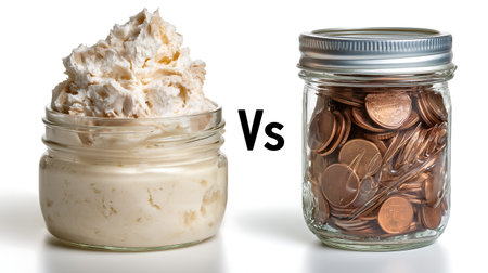 Savings concept with money in glass jar and cream cheese over white backgroundの素材