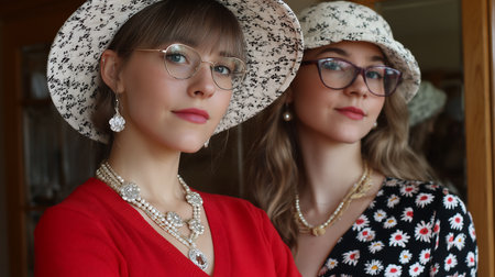Portrait of two beautiful young women in hats. Retro style.の素材