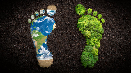 Conceptual image of human footprint with green forest and earth planetの素材