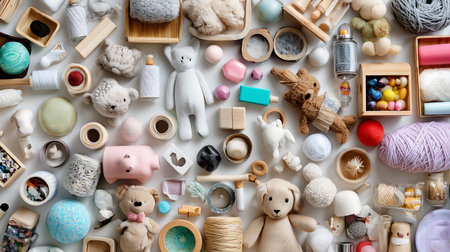 Flat lay composition with different toys on white background. Space for textの素材