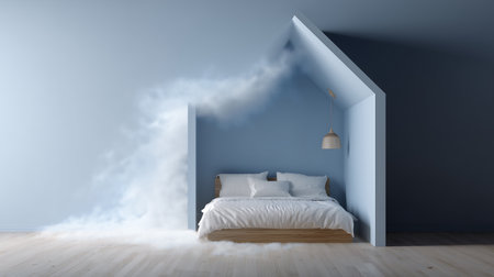 Interior of modern bedroom with blue walls and wooden floor, 3d renderの素材