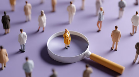 Magnifying glass on a purple background with a group of miniature people. Business concept. 3d renderingの素材