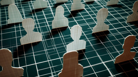 3d illustration of people figures over green background with grid. Teamwork conceptの素材