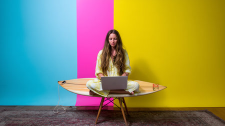 Young woman with laptop sitting on a chair in front of colorful wallの素材