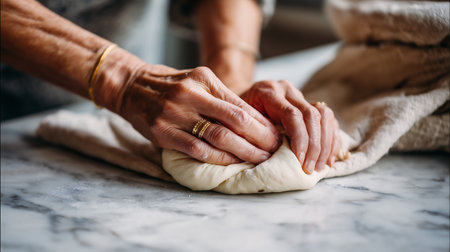 Hands of an elderly woman kneading dough in the kitchenの素材