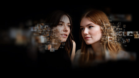 Close up portrait of young beautiful woman with double exposure of digital binary codeの素材