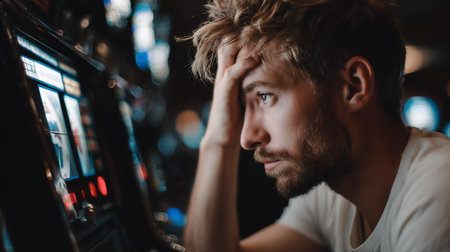 Man playing a slot machine in casino. Close-up of young man playing on slot machine.の素材