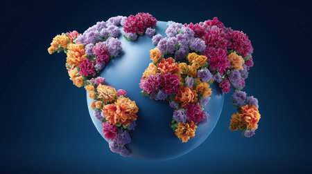 3d rendering of a globe with colorful flowers on blue background.の素材