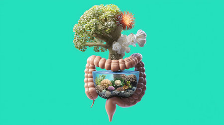 Human digestive system and digestive system. 3D render. Green backgroundの素材