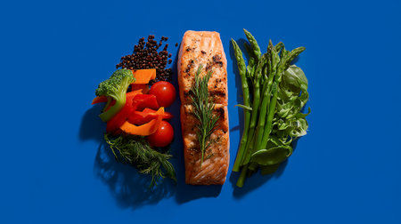 grilled salmon with vegetables on a blue background, top view, copy spaceの素材