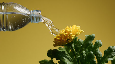 Water pouring from a bottle into a flower pot on a yellow backgroundの素材
