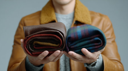 Closeup of a woman in a brown jacket and scarf holding a walletの素材