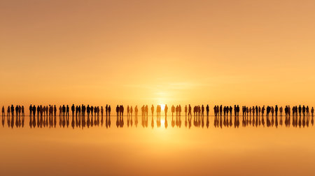 Silhouette of a group of people standing in the water at sunsetの素材